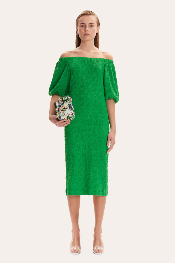 Green off the shoulder dress with puffer sleeves