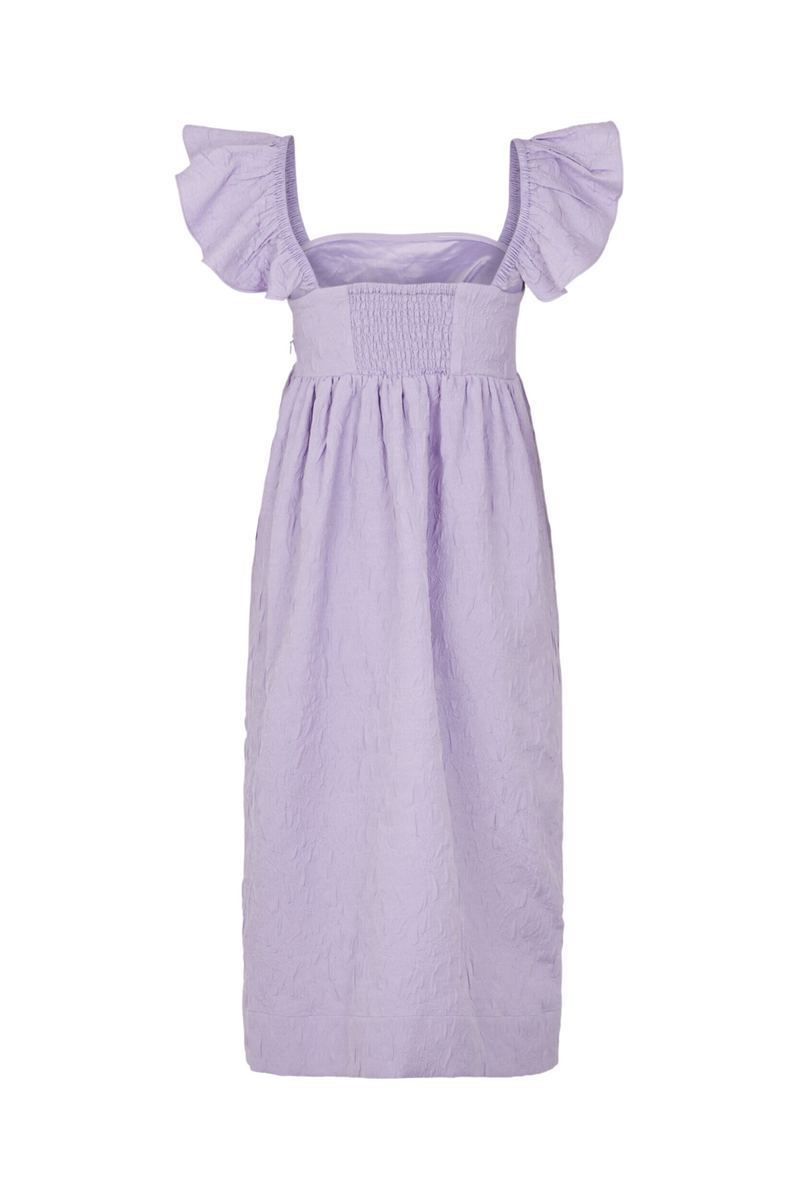 Purple midi dress with ruffled shoulders