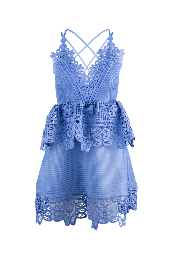Blue lace trimmed peplum dress