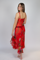 Red maxi dress with silk chiffon floral print