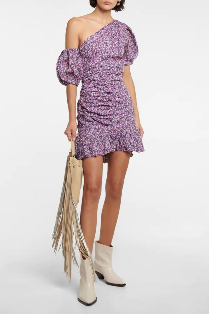Purple asymmetric dress with floral print