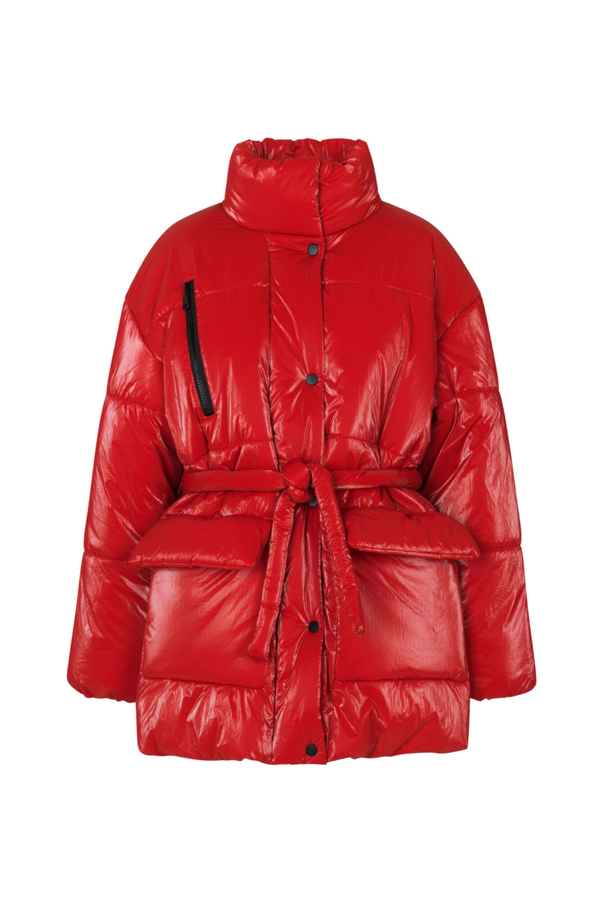 Red puffer jacket