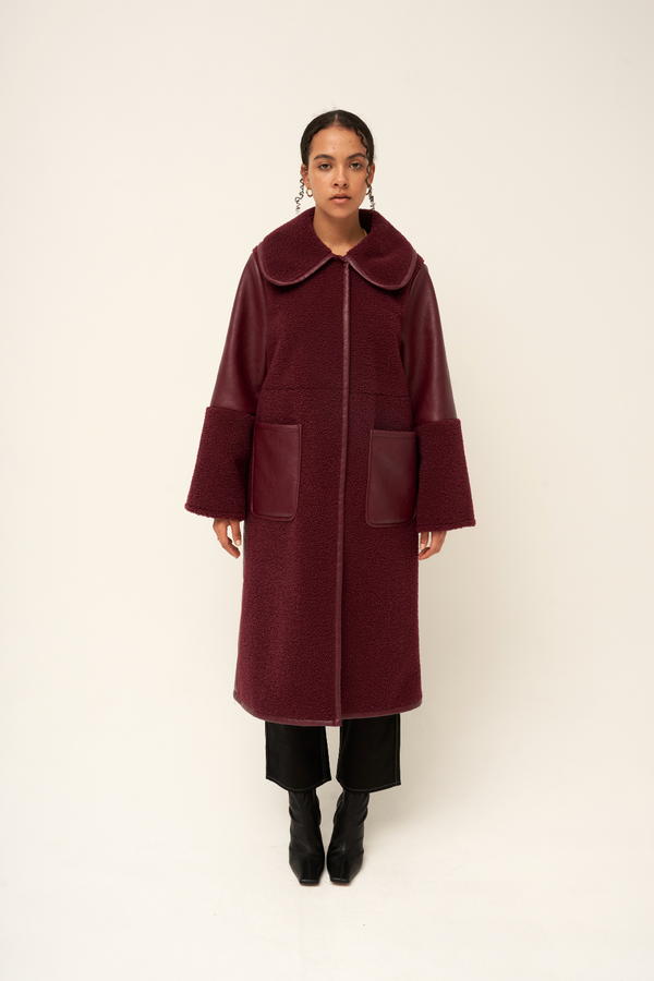 Burgundy midi leather coat