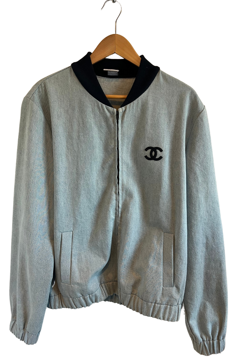 Grey denim bomber jacket by Chanel with embroidered logo