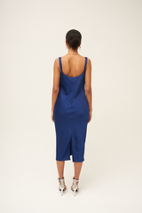 Blue midi dress with crowl neck and split in the back