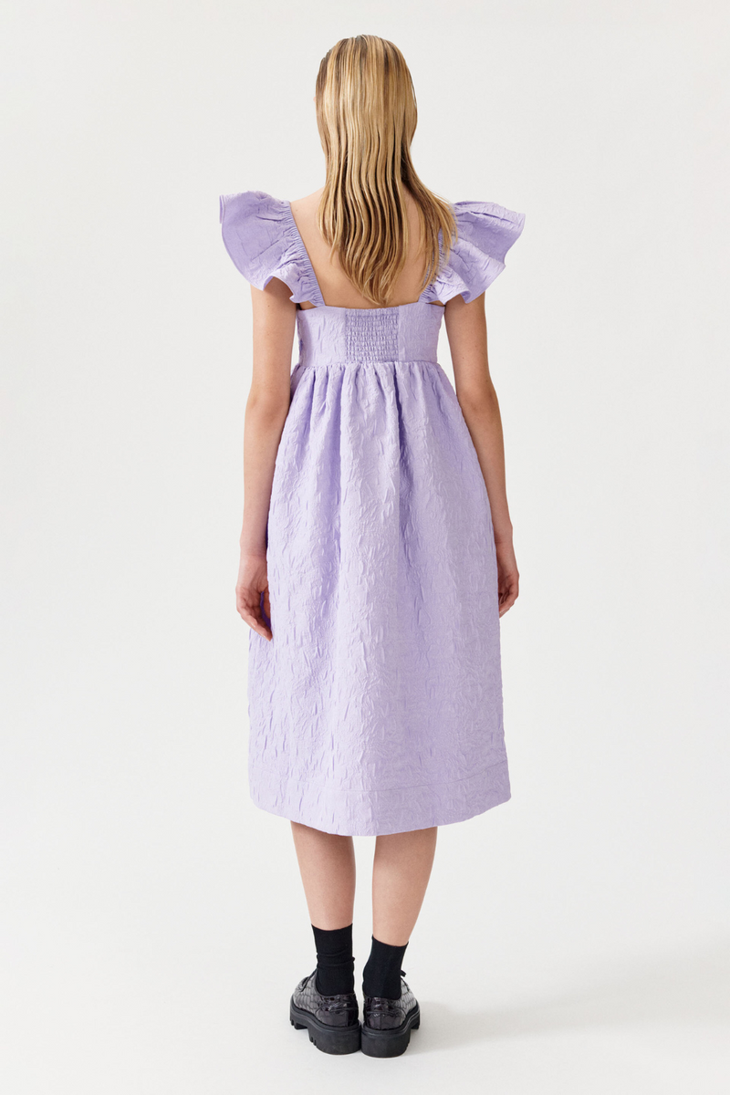 Purple midi dress with ruffled shoulders
