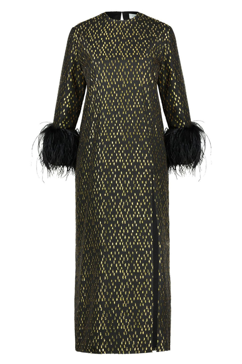 Black deather-embellished metallic midi dress gold - Item for sale