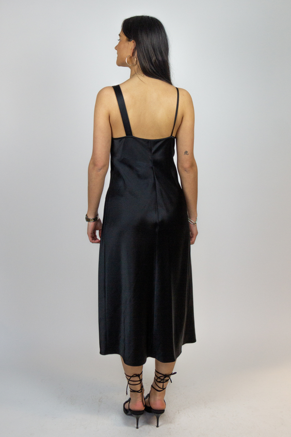 Black silk midi dress with twist detail and split