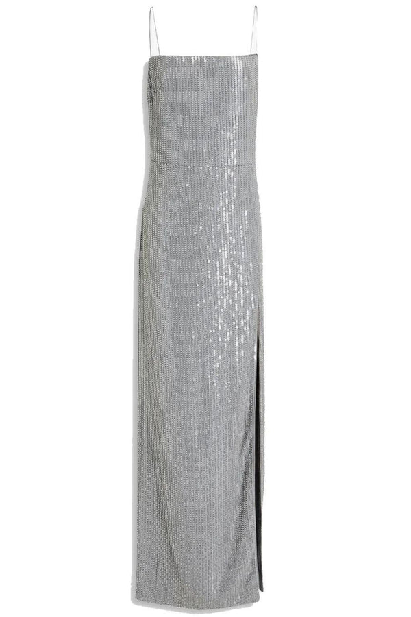 Silver metallic satin embellished gown - Item for sale