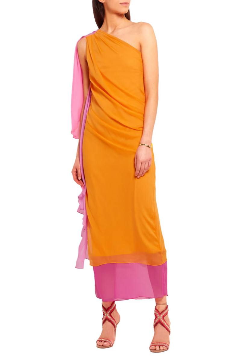 Orange and pink One-shoulder Silk-chiffon Dress