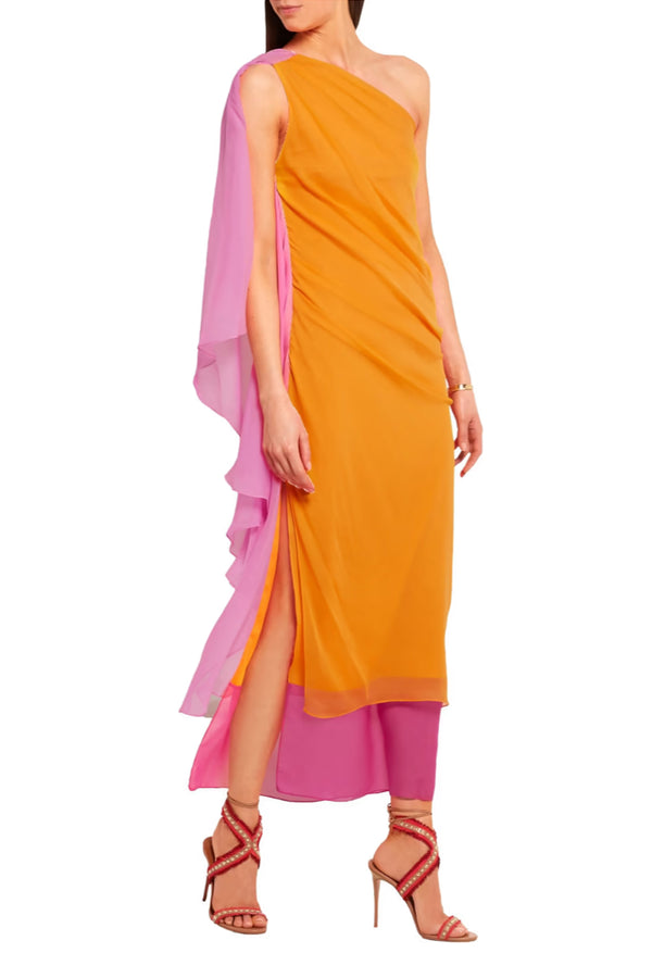 Orange and pink One-shoulder Silk-chiffon Dress