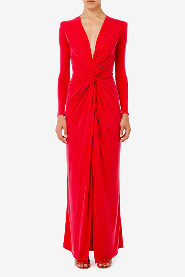 Red carpet dress with long sleeves and shoulder pads