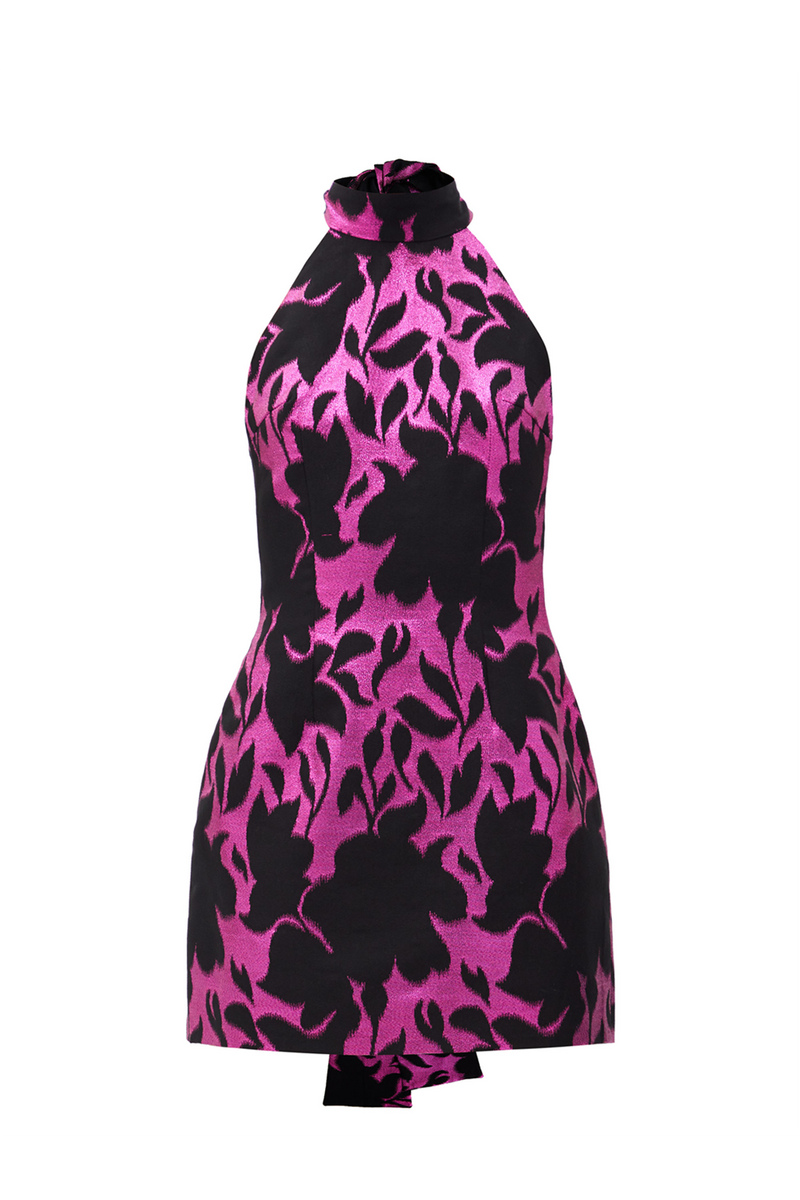 Pink and black floral jacquard halterneck mini dress - Item for sale