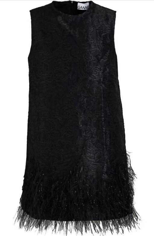 Black sleeveless feather trim midi dress