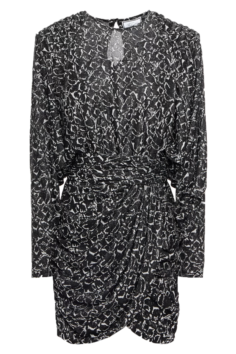 Black draped metallic jacquard mini dress