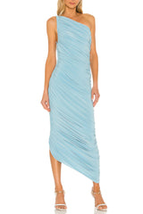 Blue one-shoulder ruched dress