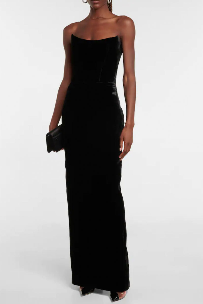 black off-shoulder velvet corset gown