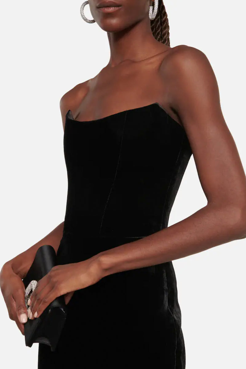 black off-shoulder velvet corset gown