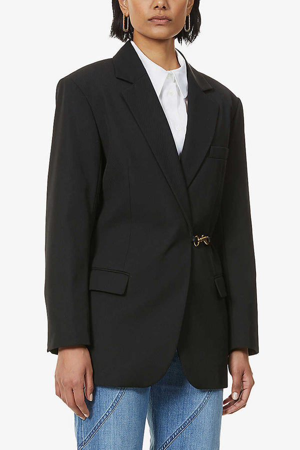 Black asymmetric-belt woven blazer