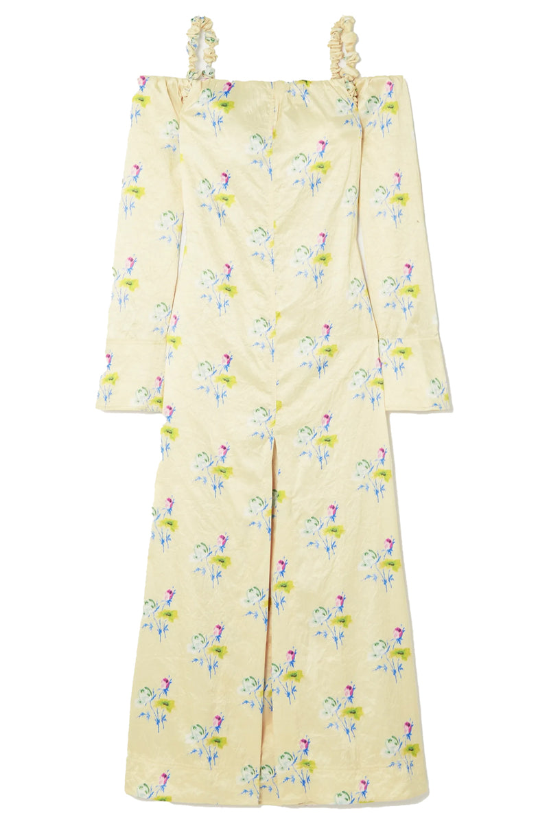 Pale yellow Crinkled Floral-Print Satin Dress - Item for sale